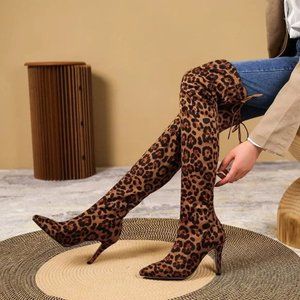 New Leopard Print Pointed Toe Sexy Stiletto Over Knee Stretch Boots